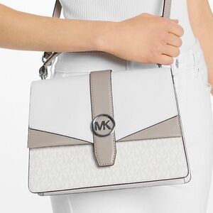 Michael Kors Greenwich Medium Color-Block Logo Satchel Bag Optic White Multi